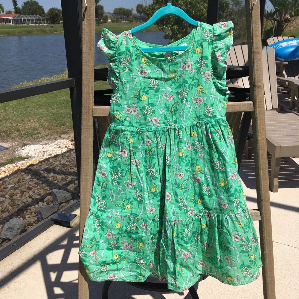 Cat & Jack Cotton Green Floral Ruffle-Sleeve Girlcore Dress L (10-12)